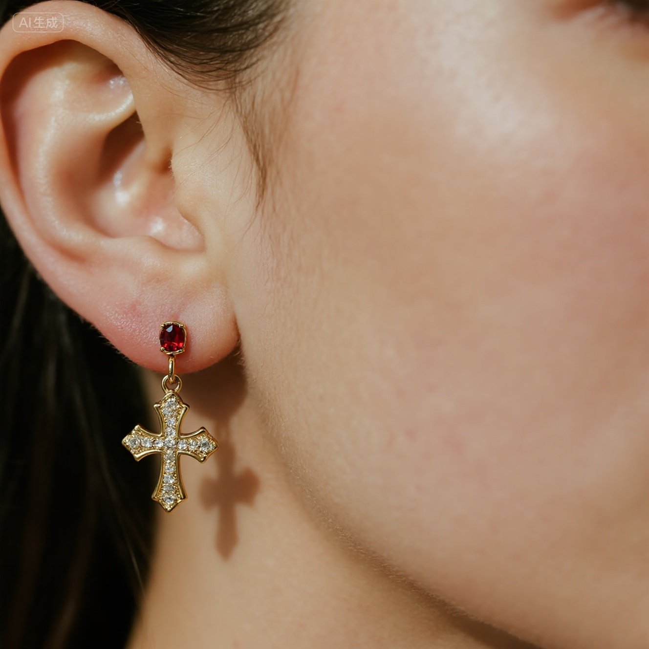 Affordable Gold Cross Earrings with Red Gemstone & Crystal Detailing