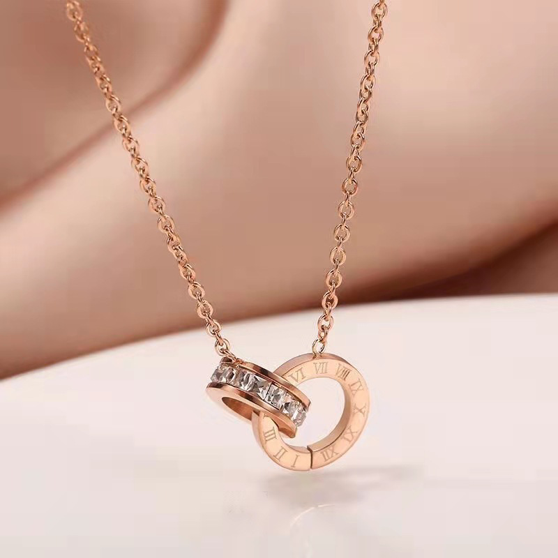 Affordable Rose Gold Double Ring Roman Numeral Stainless Steel Pendant Necklace for Women