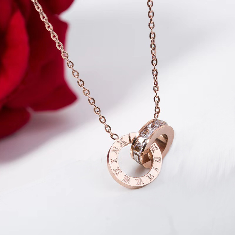 Affordable Rose Gold Double Ring Roman Numeral Stainless Steel Pendant Necklace for Women