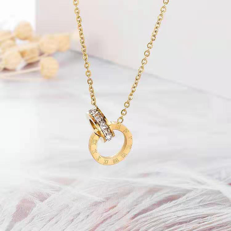 Affordable Rose Gold Double Ring Roman Numeral Stainless Steel Pendant Necklace for Women