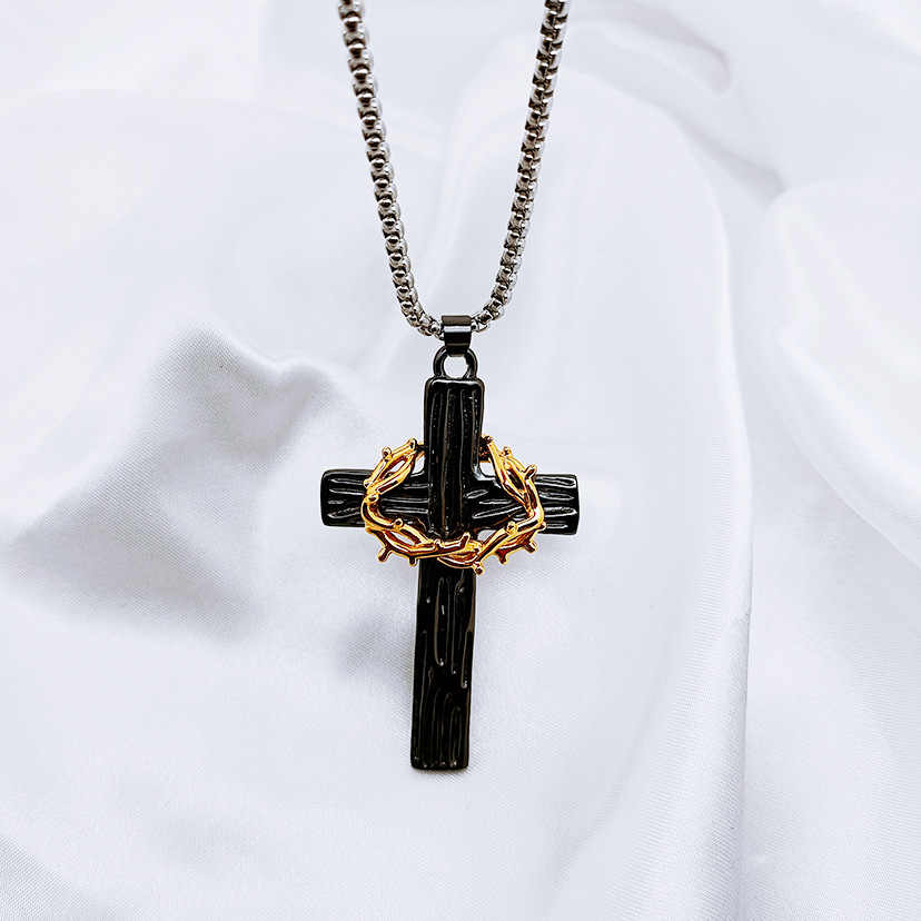 Men's Black Cross Amulet Necklace with Gold Crown of Thorns Accent