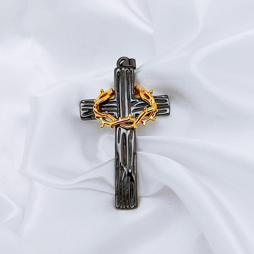 Men's Black Cross Amulet Necklace with Gold Crown of Thorns Accent