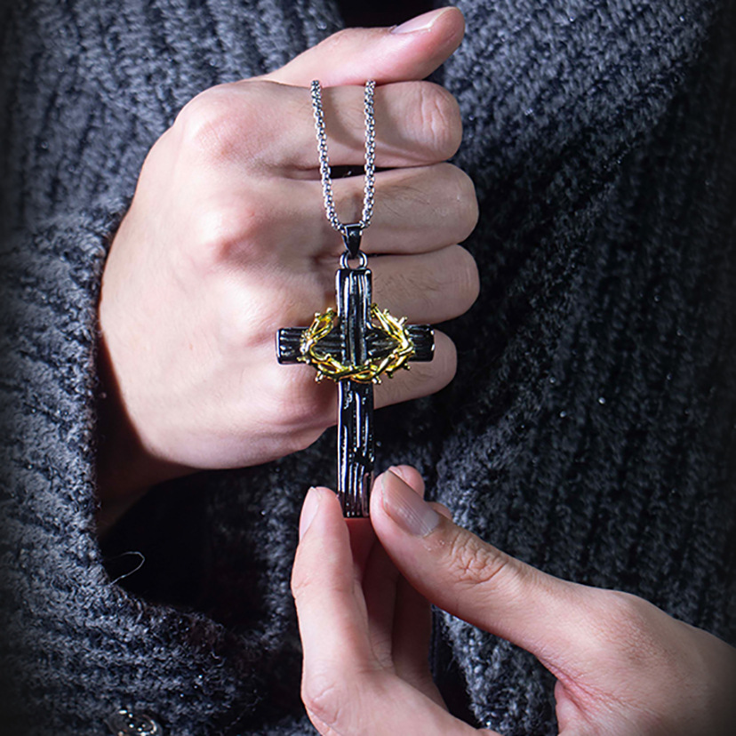 Men's Black Cross Amulet Necklace with Gold Crown of Thorns Accent