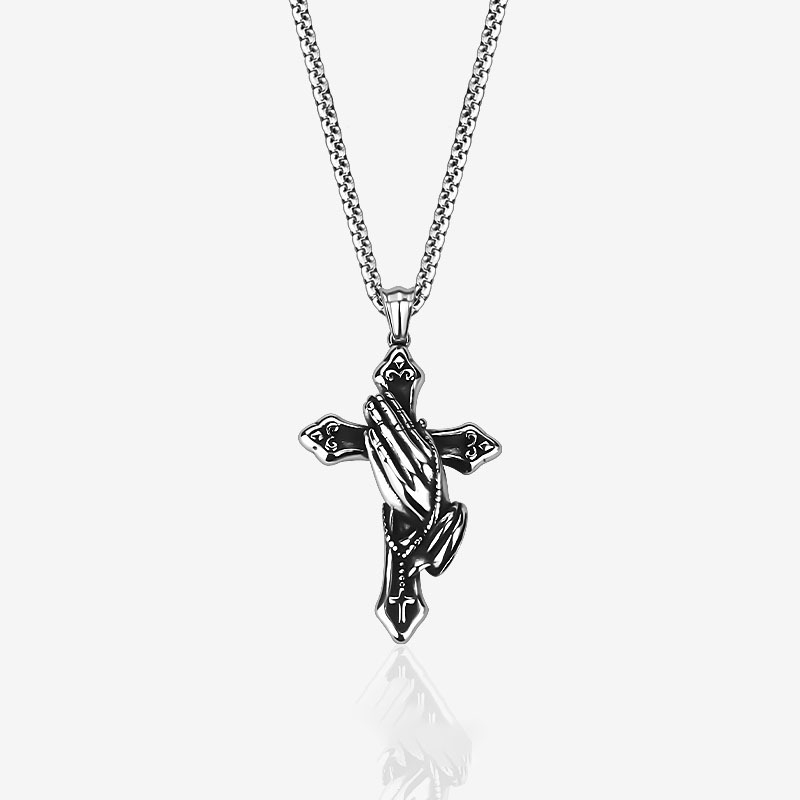 Vintage Praying Hands Cross Pendant Necklace – Men's Sterling Silver Religious Jewelry