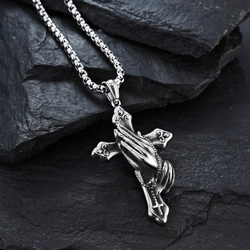 Vintage Praying Hands Cross Pendant Necklace – Men's Sterling Silver Religious Jewelry