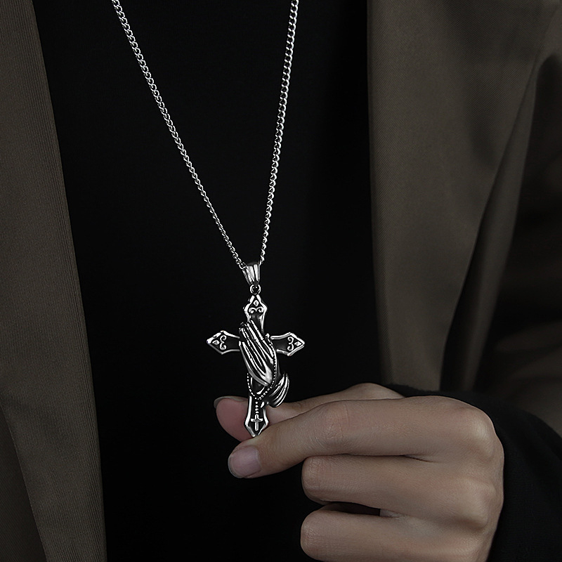 Vintage Praying Hands Cross Pendant Necklace – Men's Sterling Silver Religious Jewelry