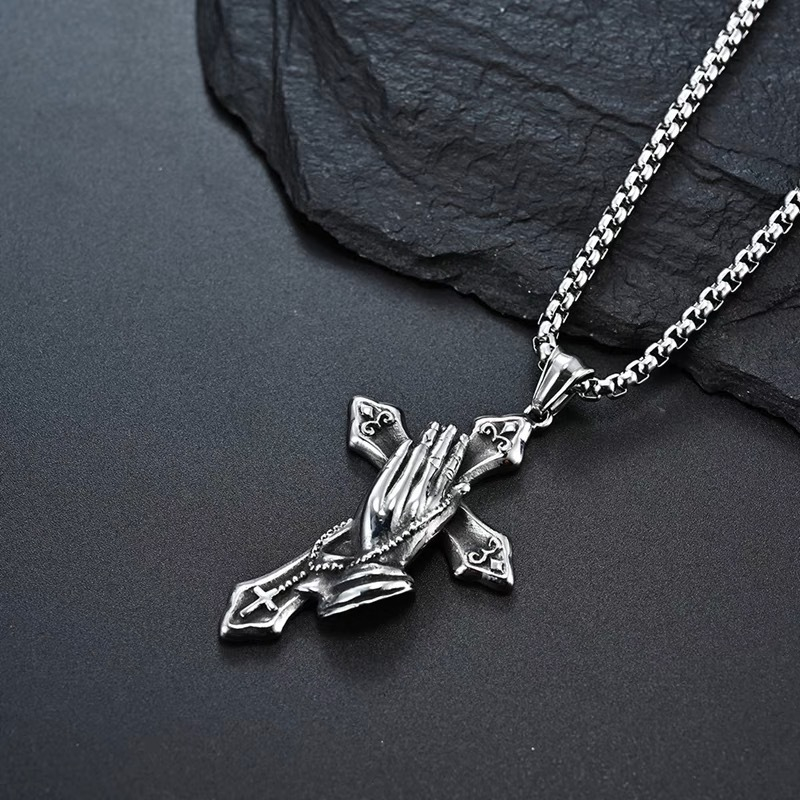 Vintage Praying Hands Cross Pendant Necklace – Men's Sterling Silver Religious Jewelry