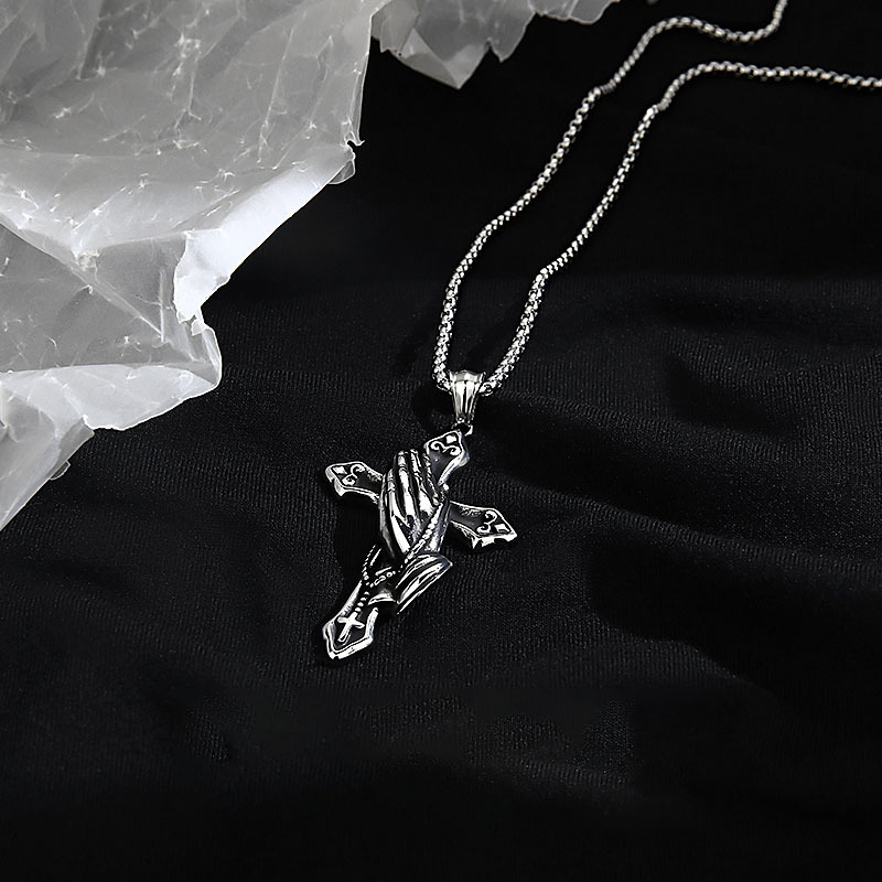 Vintage Praying Hands Cross Pendant Necklace – Men's Sterling Silver Religious Jewelry