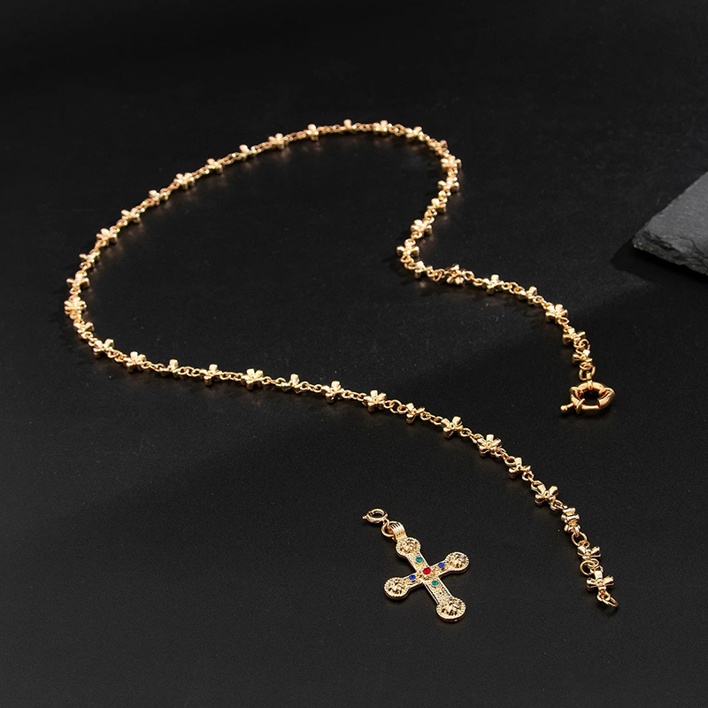 Antique Gold Cross Necklace – Vintage Religious Pendant, Gold-Plated Beaded Chain Jewelry for Men & Women