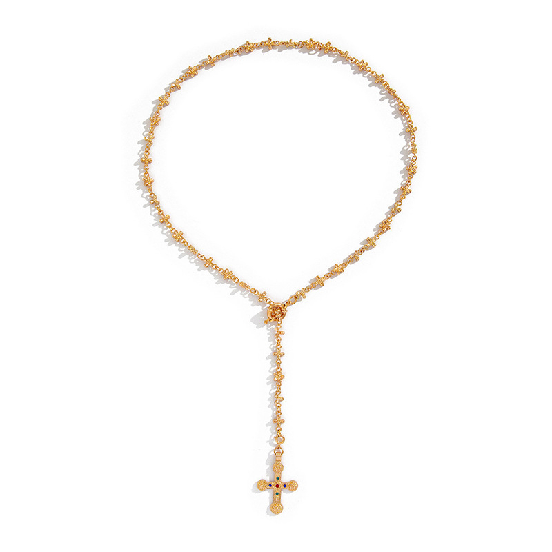 Antique Gold Cross Necklace – Vintage Religious Pendant, Gold-Plated Beaded Chain Jewelry for Men & Women