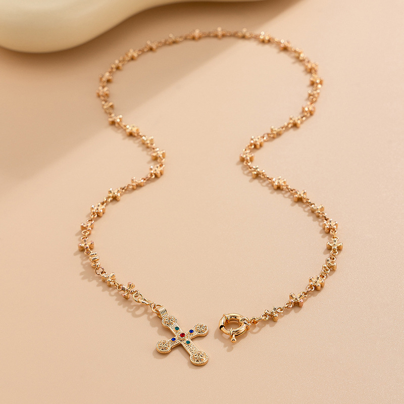 Antique Gold Cross Necklace – Vintage Religious Pendant, Gold-Plated Beaded Chain Jewelry for Men & Women