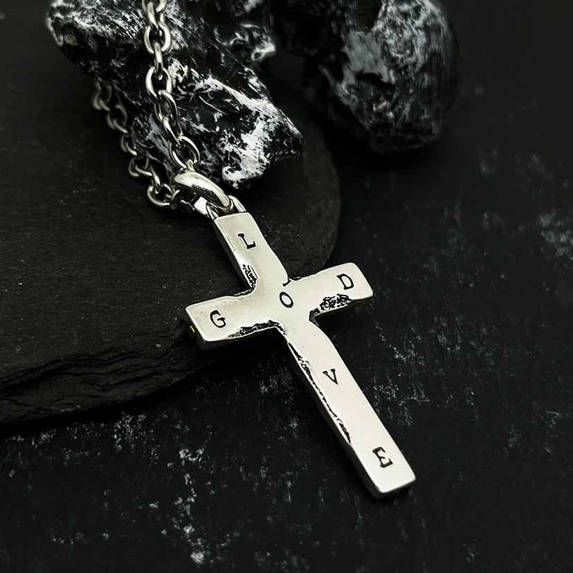 Men's Catholic Cross Necklace with Rustic Texture and Golden Inlay