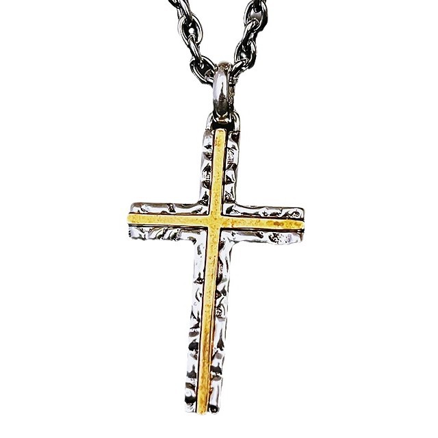 Men's Catholic Cross Necklace with Rustic Texture and Golden Inlay