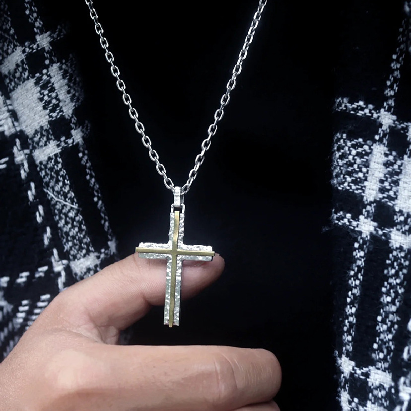 Men's Catholic Cross Necklace with Rustic Texture and Golden Inlay
