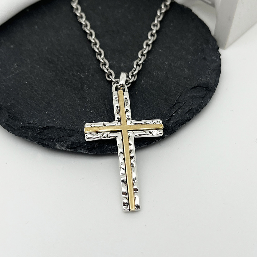 Men's Catholic Cross Necklace with Rustic Texture and Golden Inlay