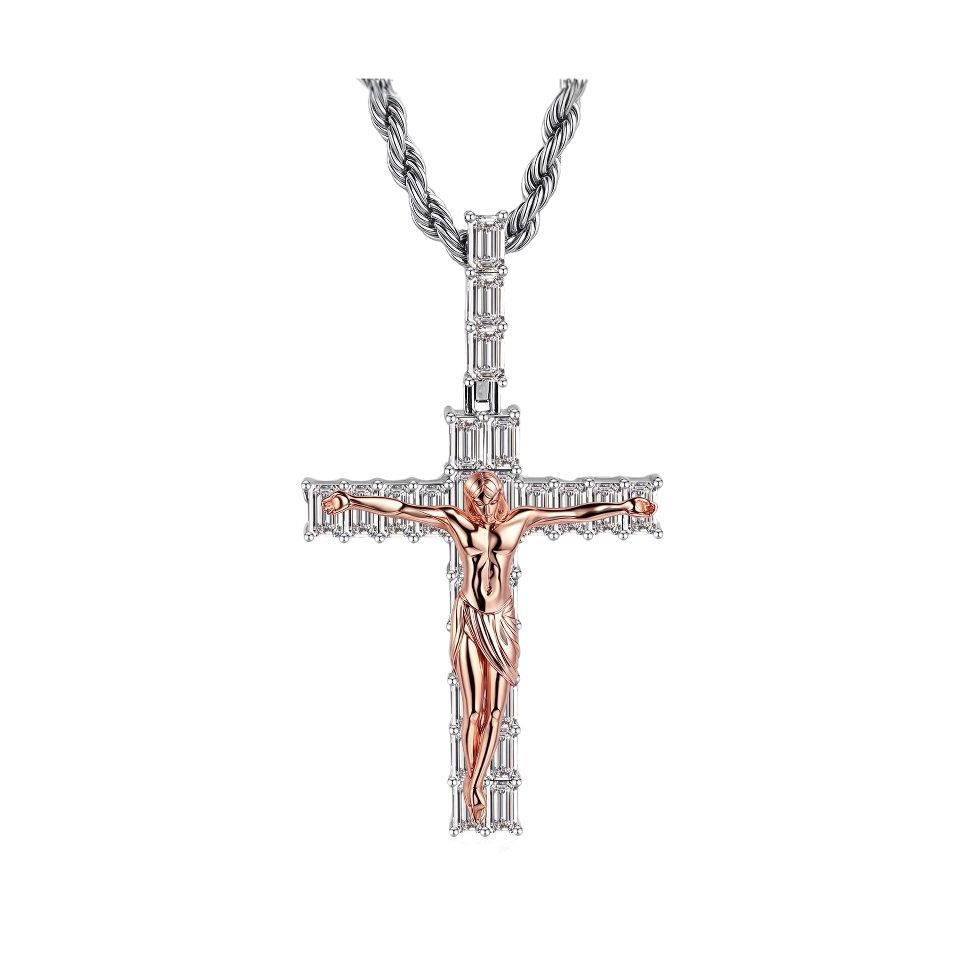 Men's Jesus Cross Necklace, Two-Tone Rope Chain Best Cross Necklaces for Men