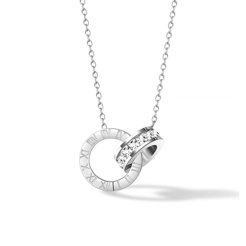 Silver Roman Numeral Double Ring Pendant Necklace – Minimalist Fashion Jewelry Supply / Wholesale Jewelry Making Supplies