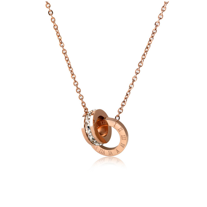 Silver Roman Numeral Double Ring Pendant Necklace – Minimalist Fashion Jewelry Supply / Wholesale Jewelry Making Supplies