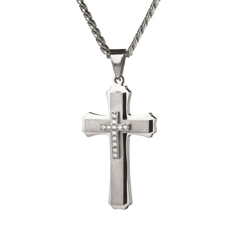 Big Cross Necklace Mens, Large Silver Stainless Steel Cross Pendant with Rhinestones, Statement Hip-Hop Men’s Necklace