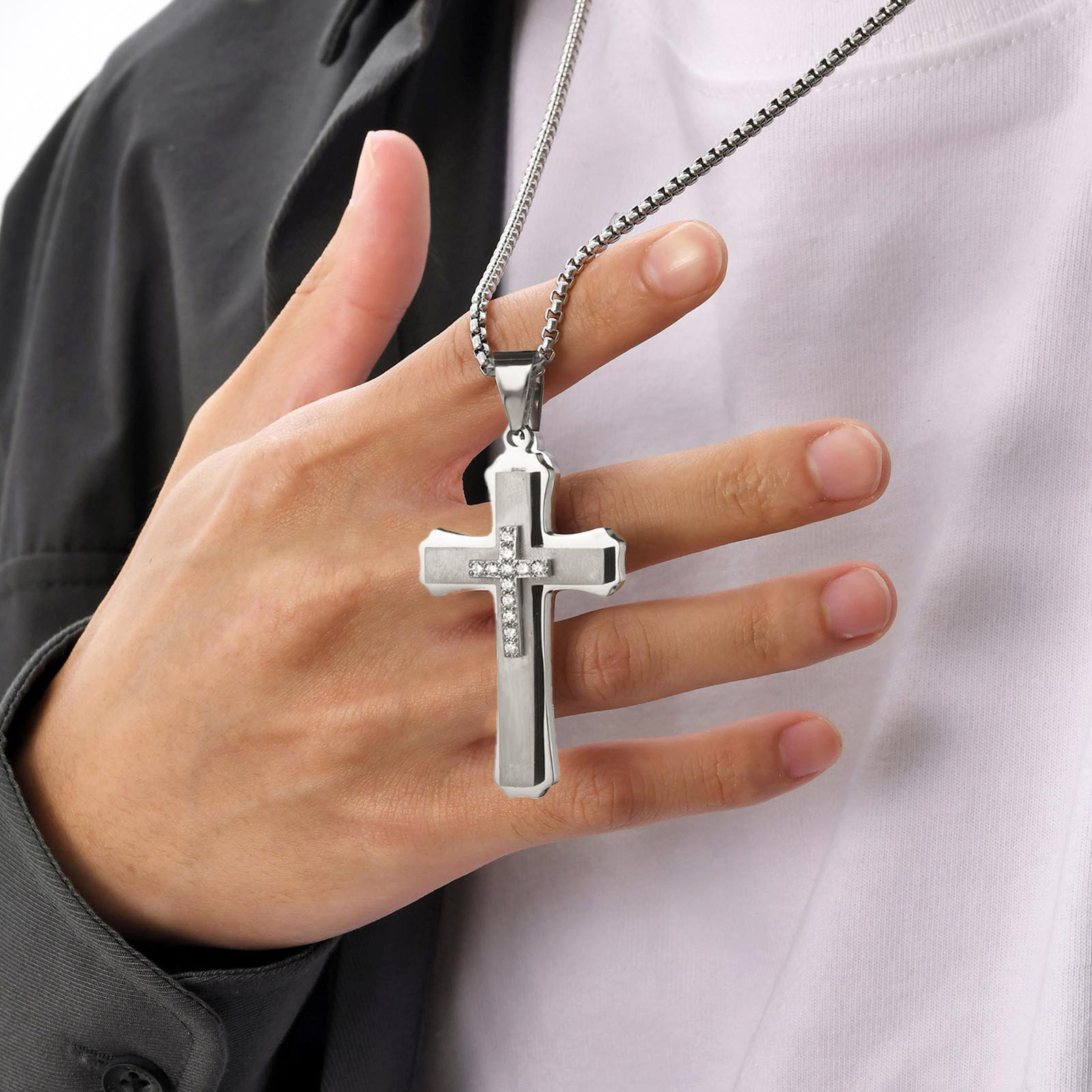 Big Cross Necklace Mens, Large Silver Stainless Steel Cross Pendant with Rhinestones, Statement Hip-Hop Men’s Necklace
