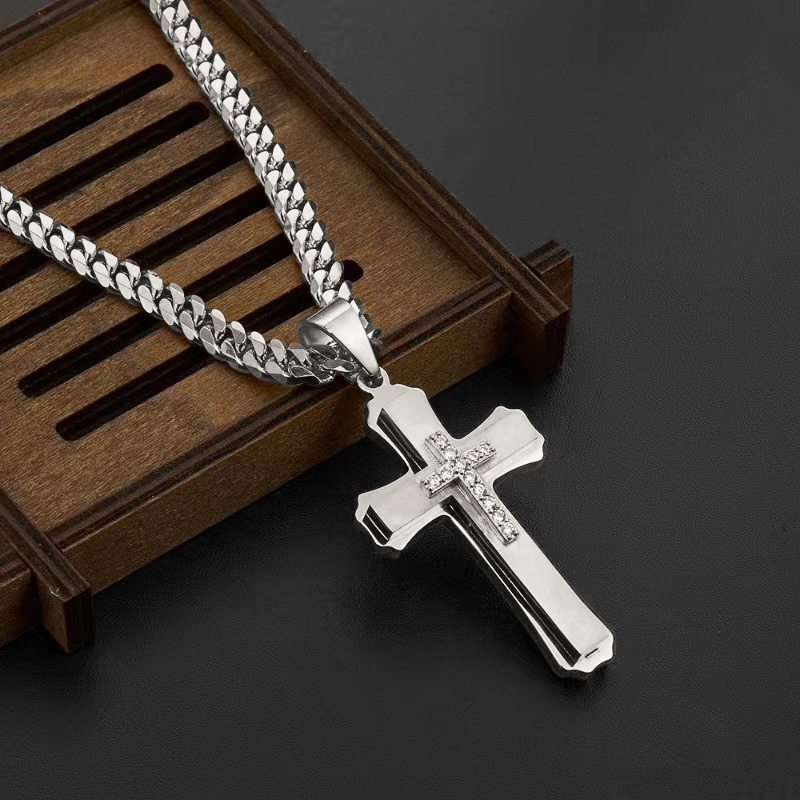 Big Cross Necklace Mens, Large Silver Stainless Steel Cross Pendant with Rhinestones, Statement Hip-Hop Men’s Necklace