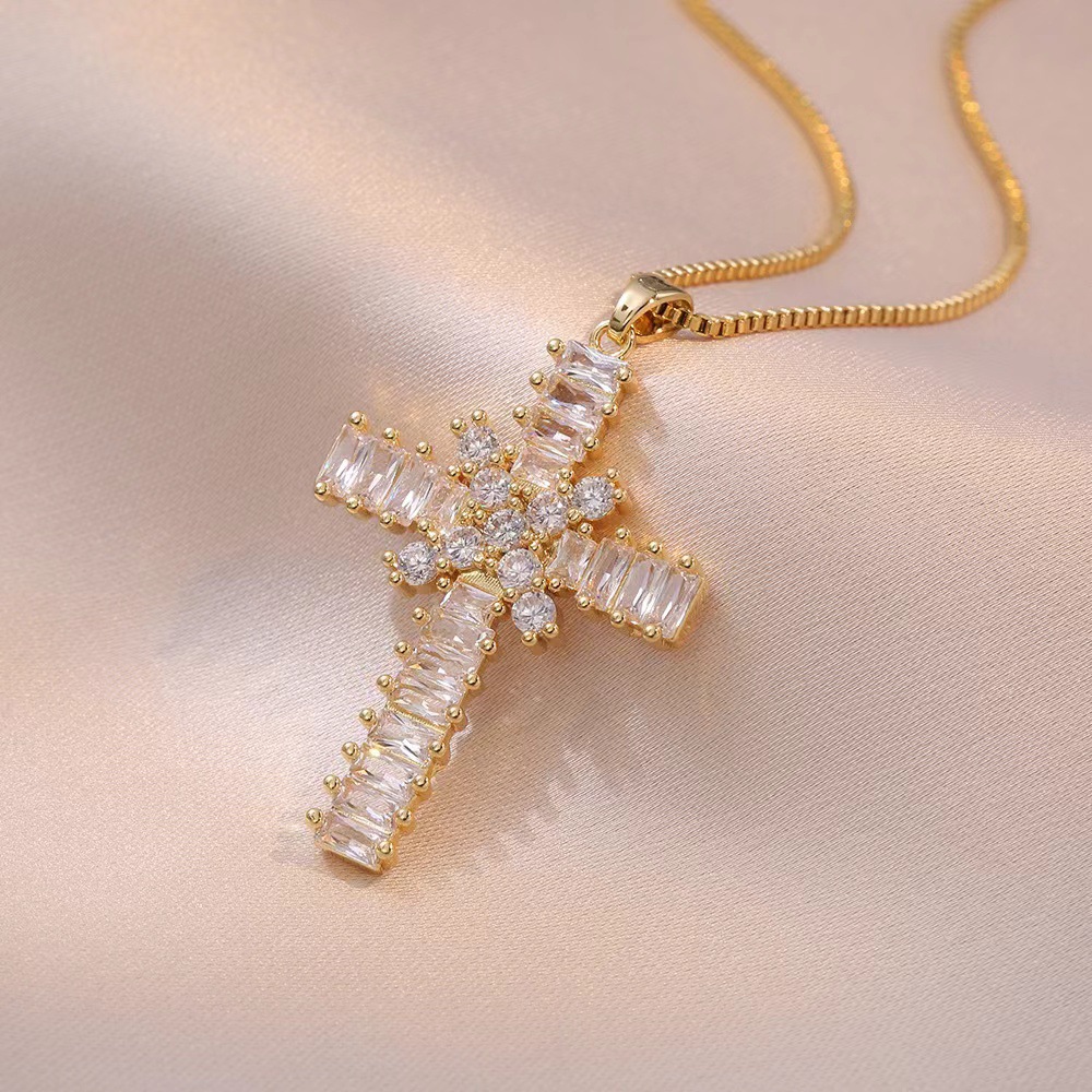 Big Gold Cross Necklace with Diamond Pendant for Women