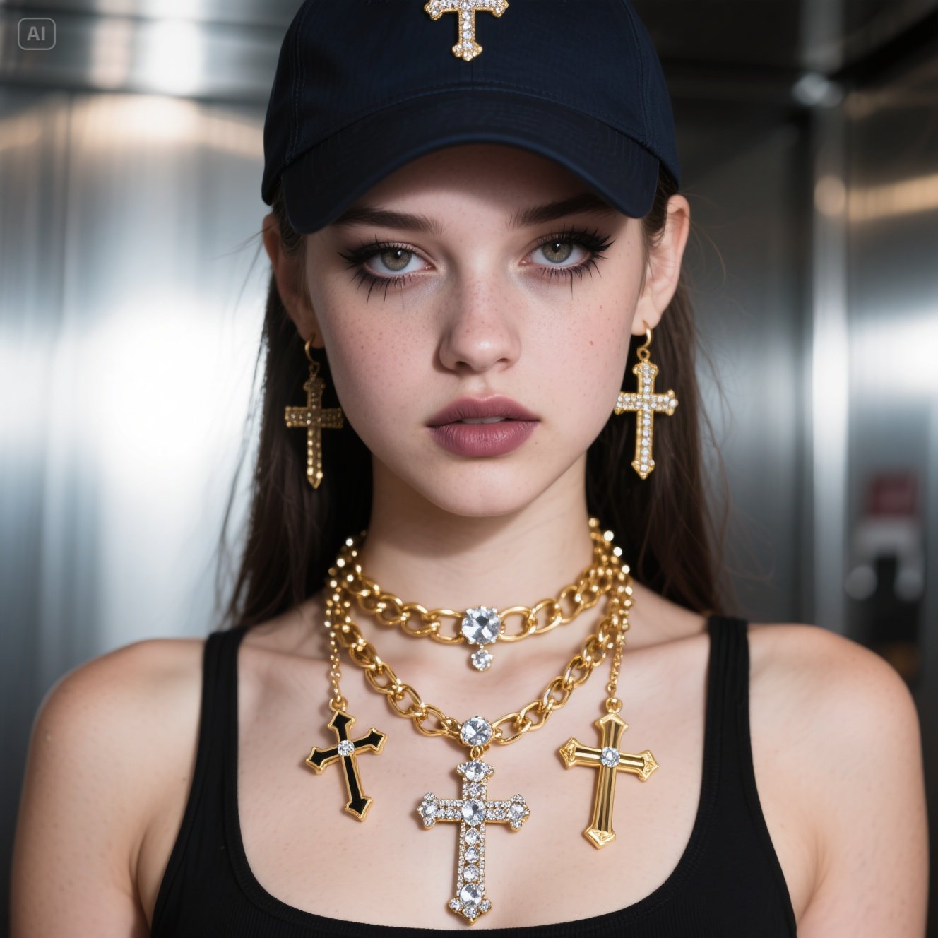 Big Diamond Cross Pendant Layered Necklace Set, Hip-Hop Gold Statement Jewelry with CZ Stones