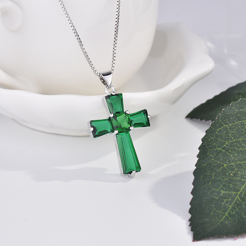 Large Green Crystal Stainless Steel Cross Pendant | Big Statement Jewelry