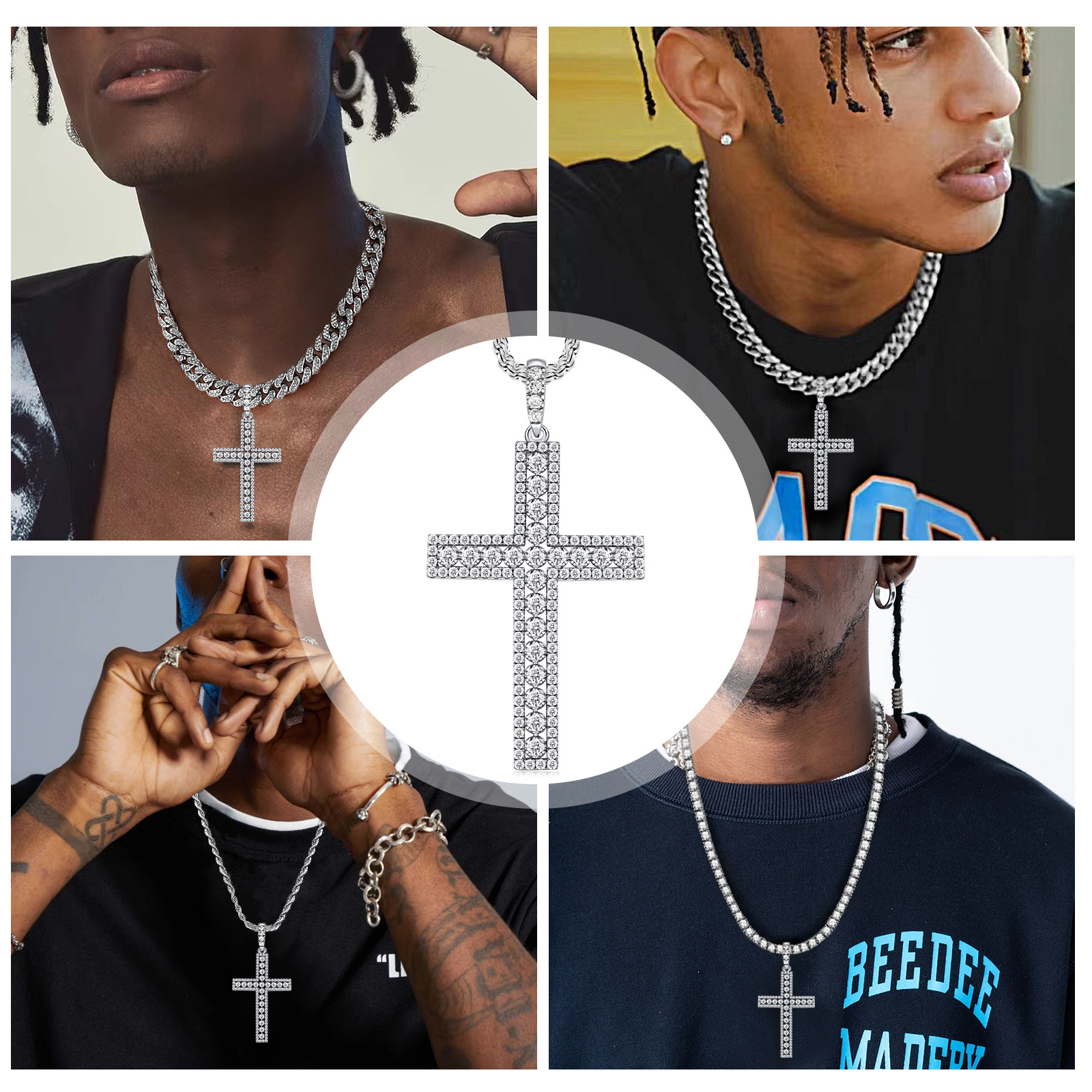Big Silver Cross Pendant Necklace Full Zircon 925 Sterling Silver Large Chain Pendant Hip Hop Fashion Jewelry