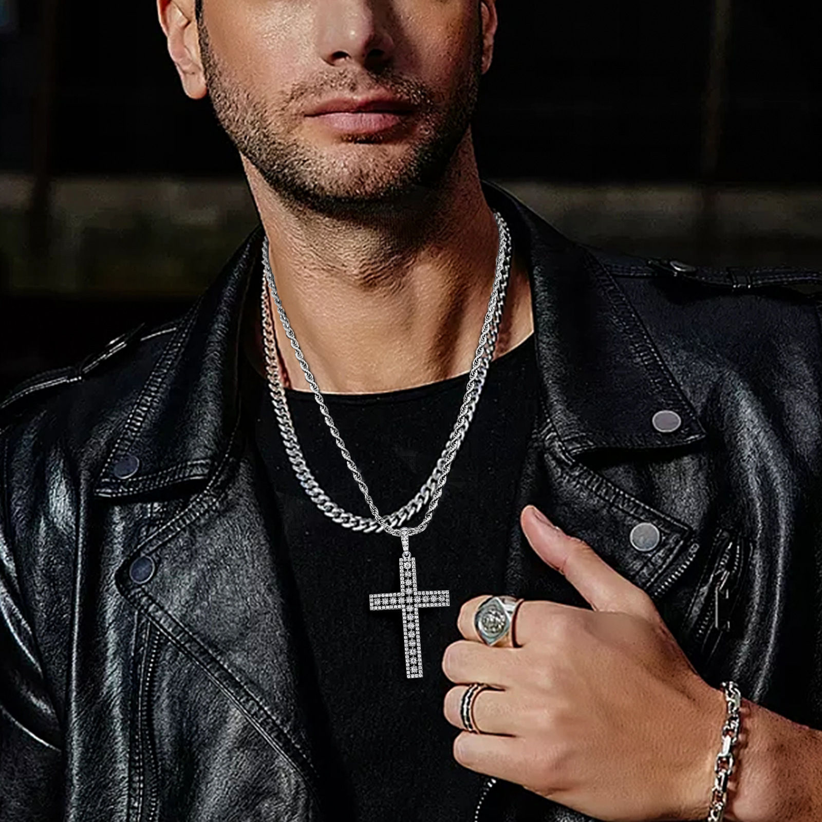 Big Silver Cross Pendant Necklace Full Zircon 925 Sterling Silver Large Chain Pendant Hip Hop Fashion Jewelry