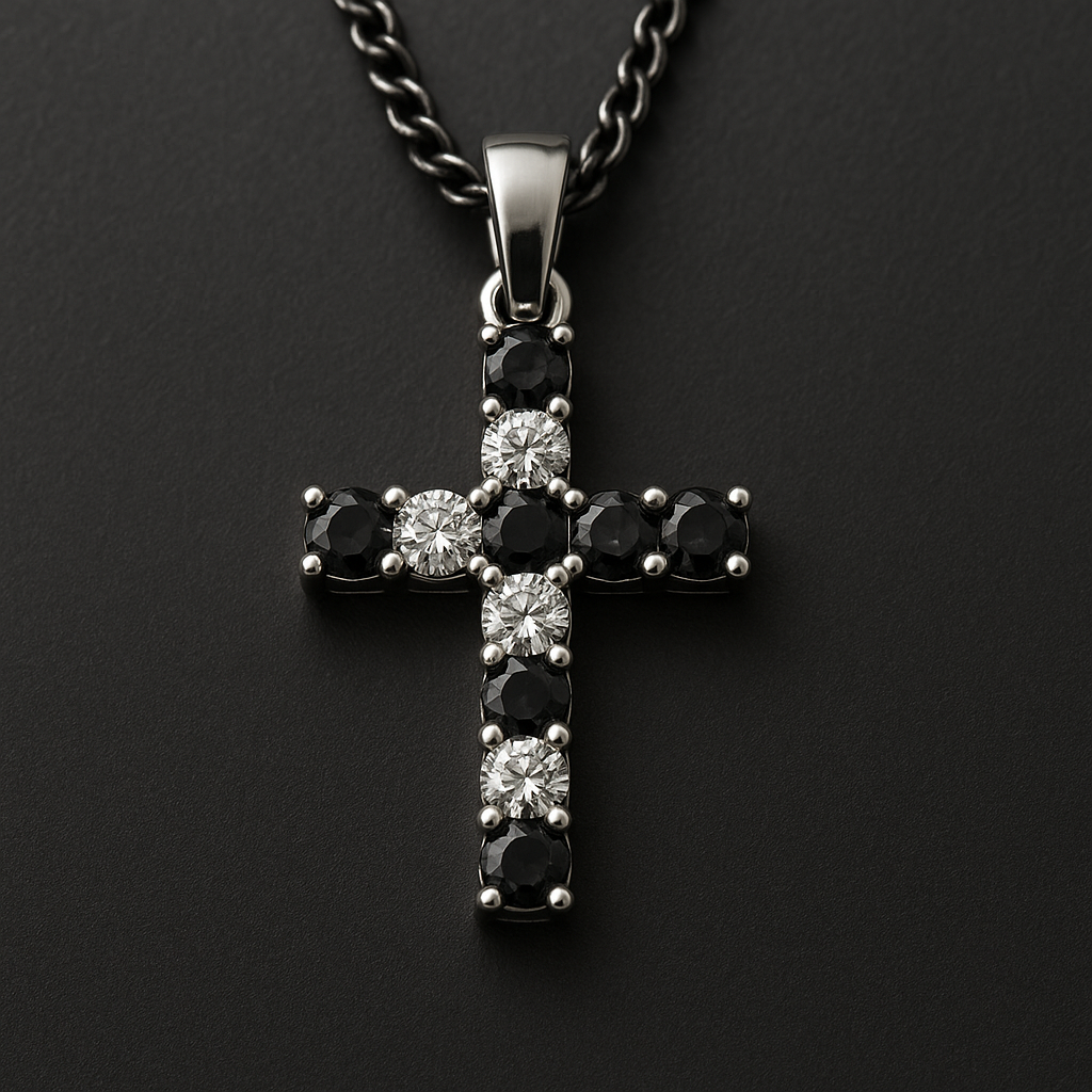 Black and White Diamond Cross Necklace / Pendant – Timeless Silver Tone Classic