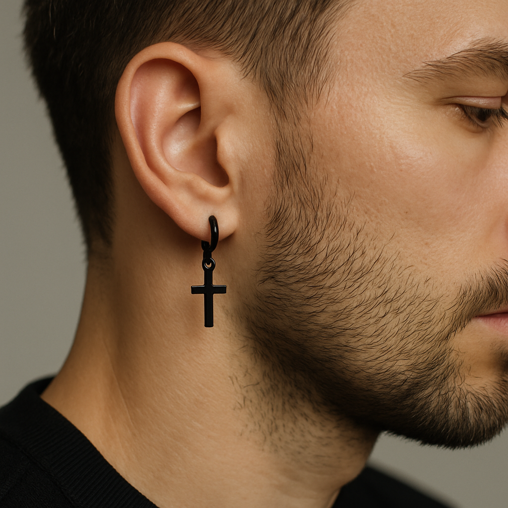 Black Cross Earrings for Men – Matte Stainless Steel Dangle Hoop