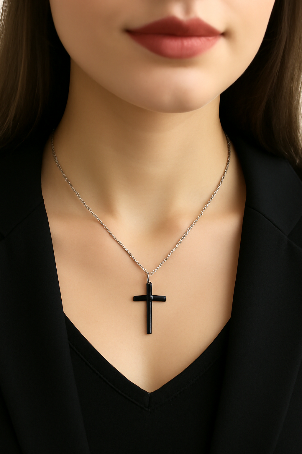 Elegant Black Cross Necklace for Women – Minimalist Stainless Steel Pendant Jewelry