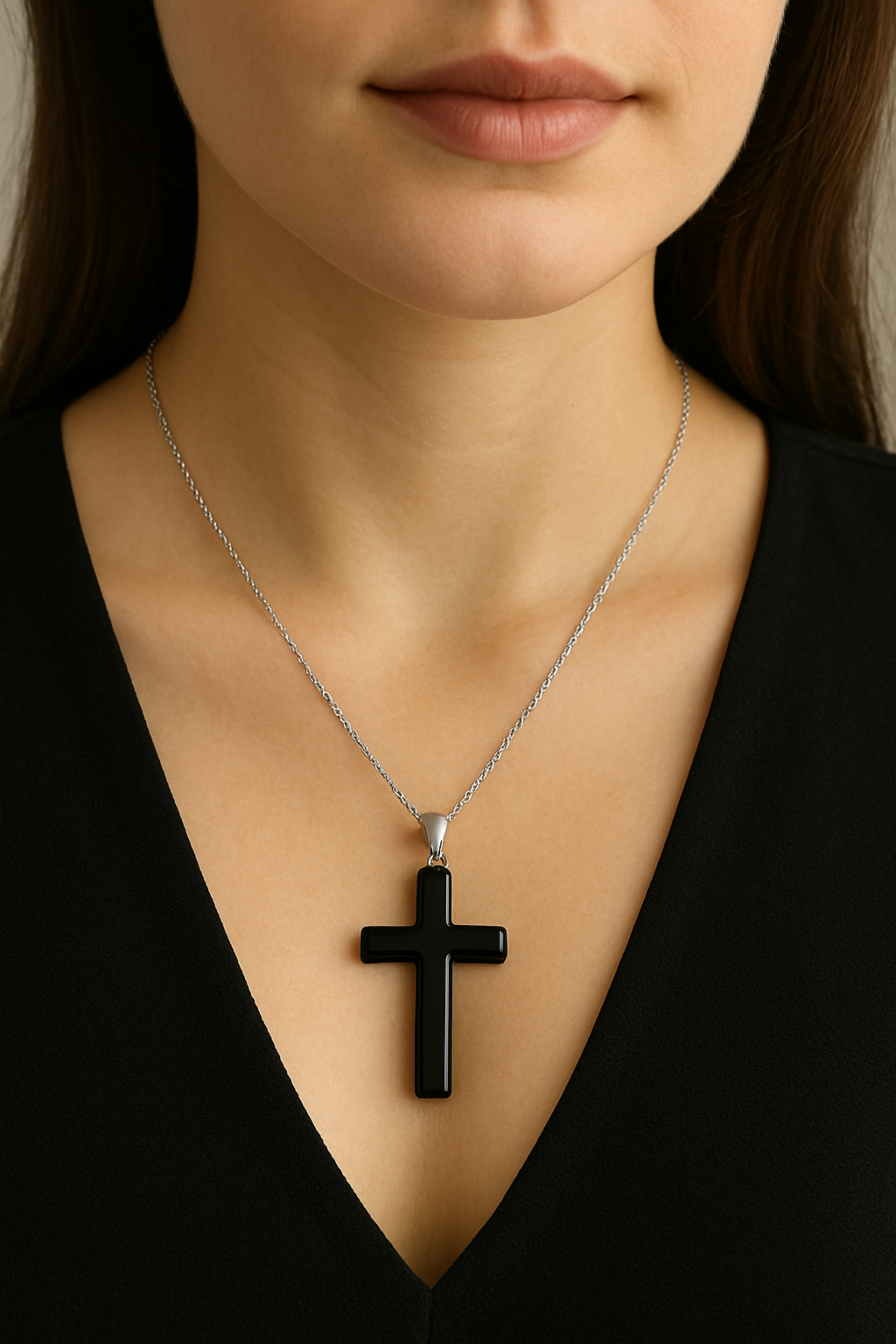 Black Onyx Cross Pendant Necklace – Elegant Spiritual Jewelry for Women