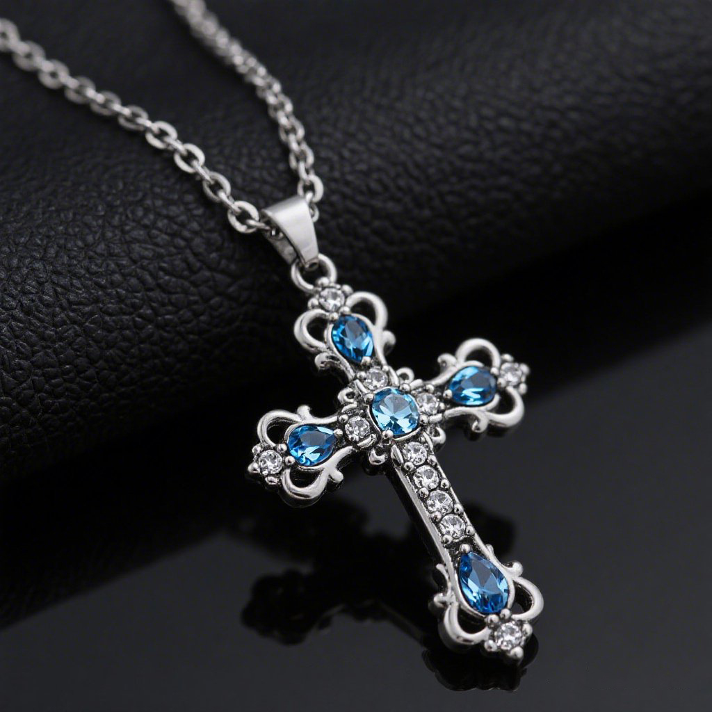 Blue Sapphire Cross Pendant Necklace, Vintage Baroque Silver Chain, Religious Jewelry for Women