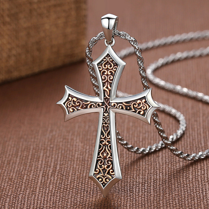 Boys Cross Necklace – Vintage Crucifix Pendant with Scroll Design