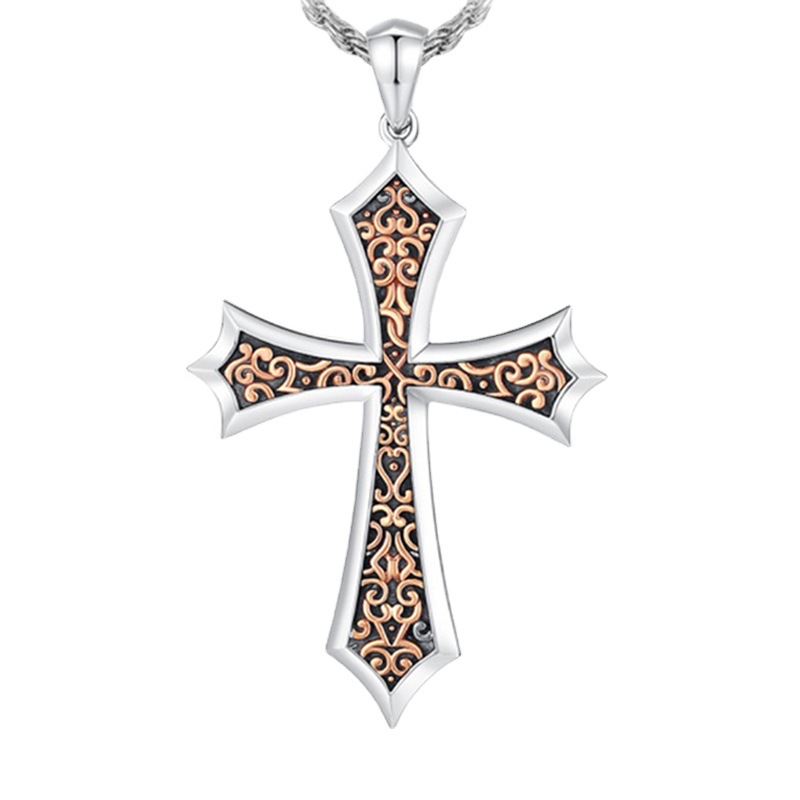 Boys Cross Necklace – Vintage Crucifix Pendant with Scroll Design