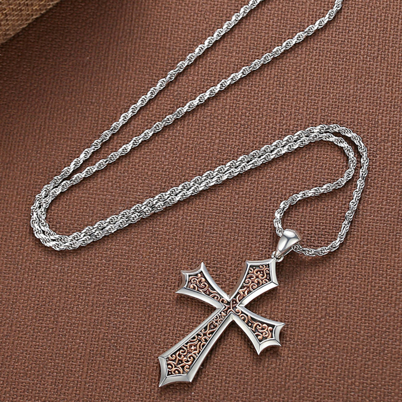 Boys Cross Necklace – Vintage Crucifix Pendant with Scroll Design