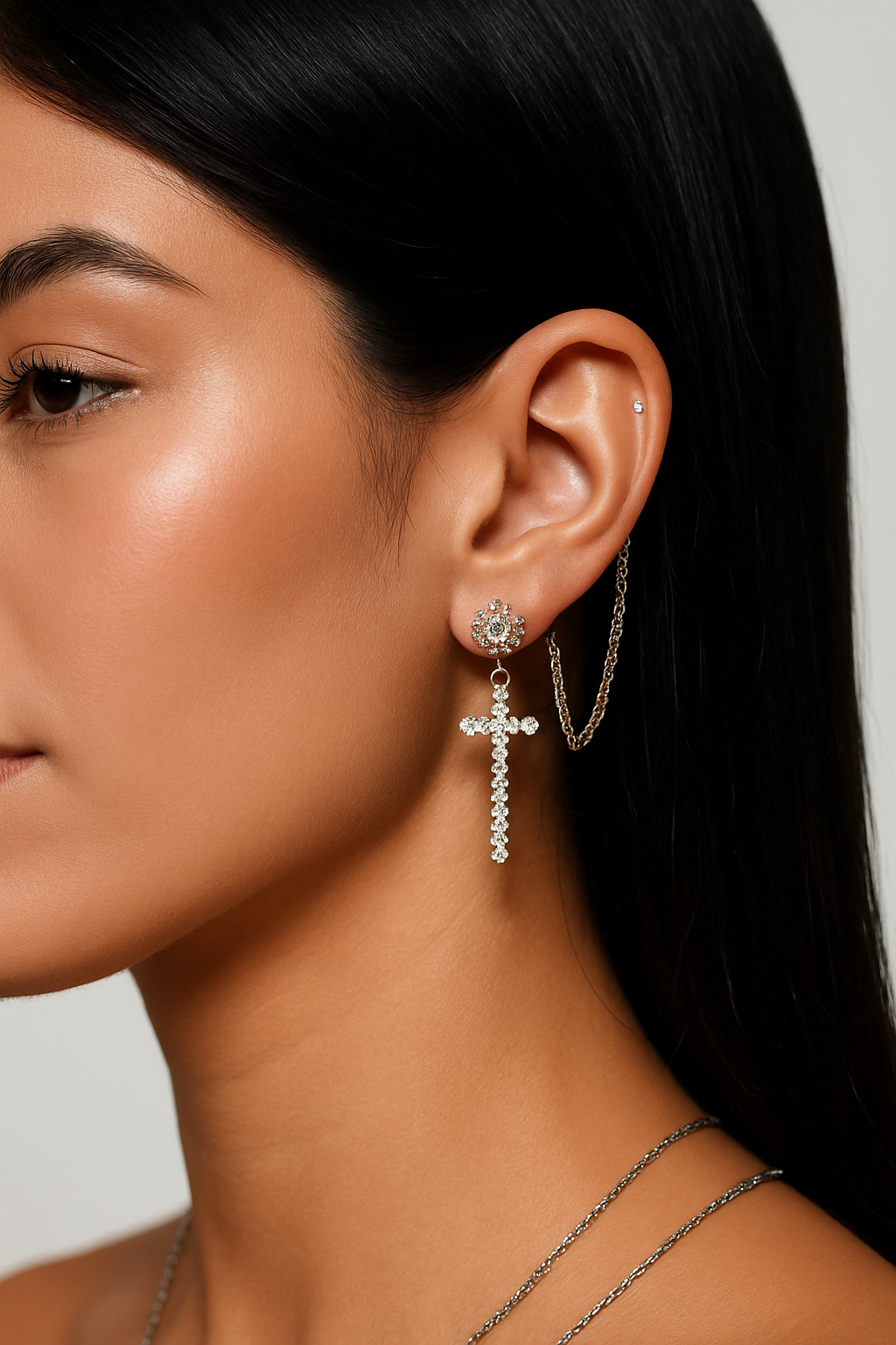 Crystal Cross Chain Earring for Women, Dainty Cubic Zirconia Statement Stud with Detachable Ear Chain