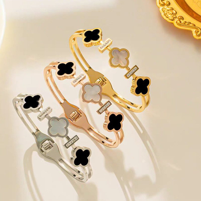 Four Leaf Clover Gold Plated Bangle – Chinese Jewelry with Black & Mother of Pearl Accents