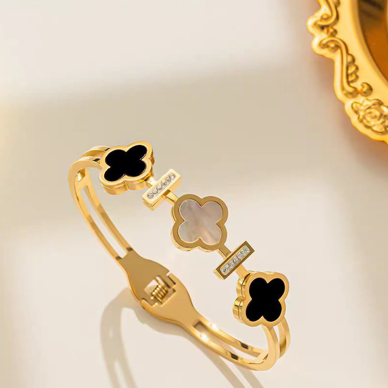 Four Leaf Clover Gold Plated Bangle – Chinese Jewelry with Black & Mother of Pearl Accents