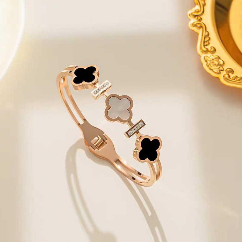 Four Leaf Clover Gold Plated Bangle – Chinese Jewelry with Black & Mother of Pearl Accents