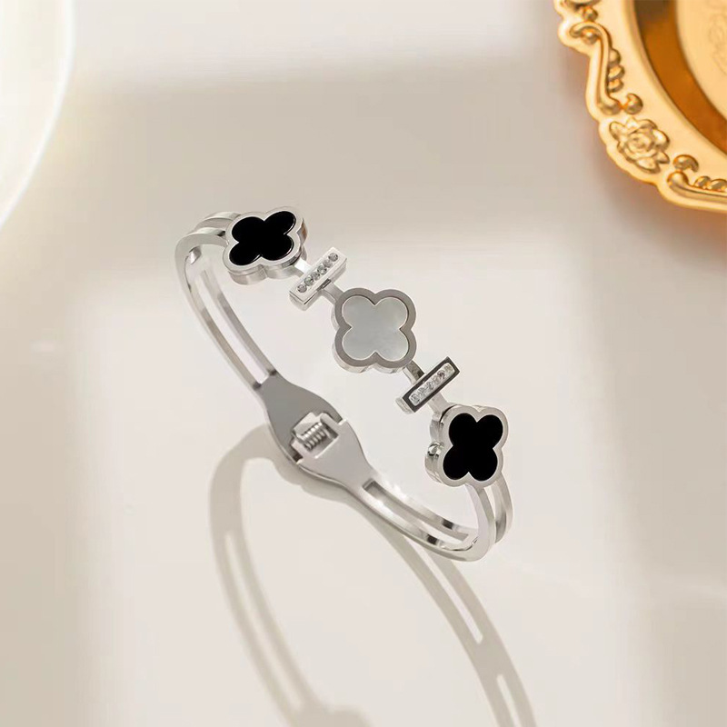 Four Leaf Clover Gold Plated Bangle – Chinese Jewelry with Black & Mother of Pearl Accents