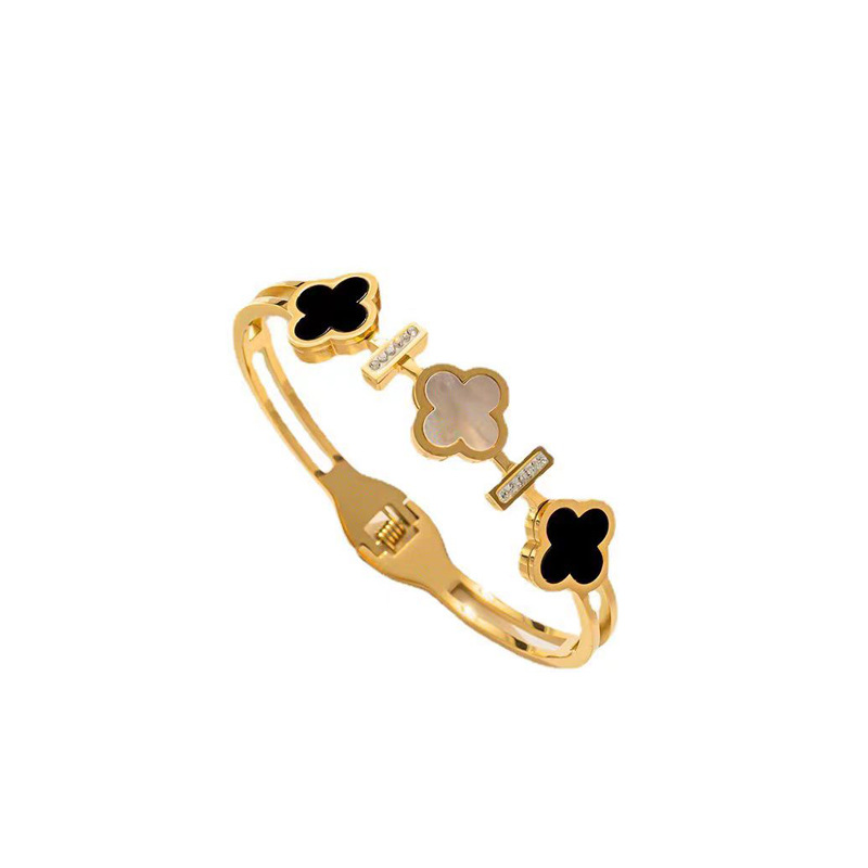 Four Leaf Clover Gold Plated Bangle – Chinese Jewelry with Black & Mother of Pearl Accents