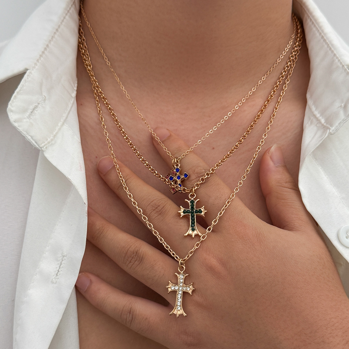 Layered Gold Cross Necklace Christian Jewelry for Men | Multi-Strand Crucifix Pendant
