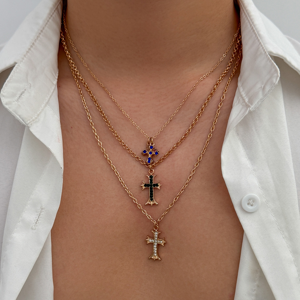 Layered Gold Cross Necklace Christian Jewelry for Men | Multi-Strand Crucifix Pendant