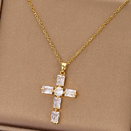 Gold Plated Cross Pendant Necklace with Cubic Zirconia