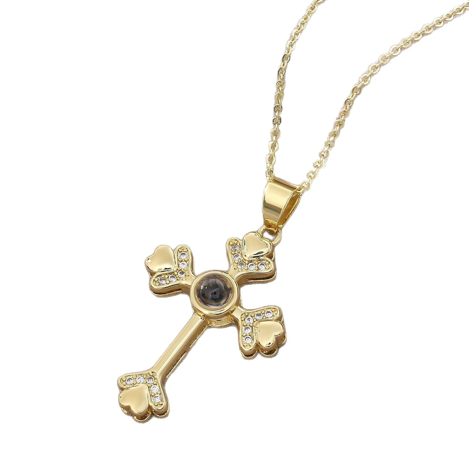 Stylish Gold Cross Necklace with Heart Accents