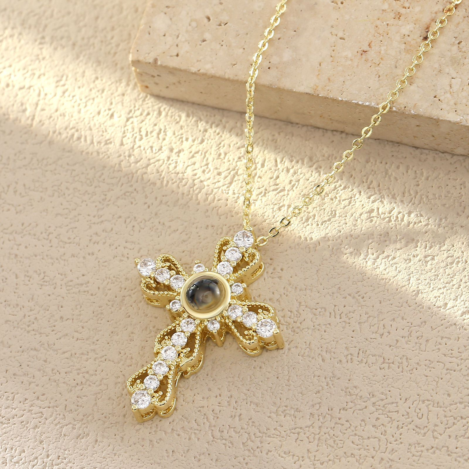 Gold Cross Necklace with Eye Inlay & Cubic Zirconia, 18K Gold-Plated, Religious Pendant Jewelry