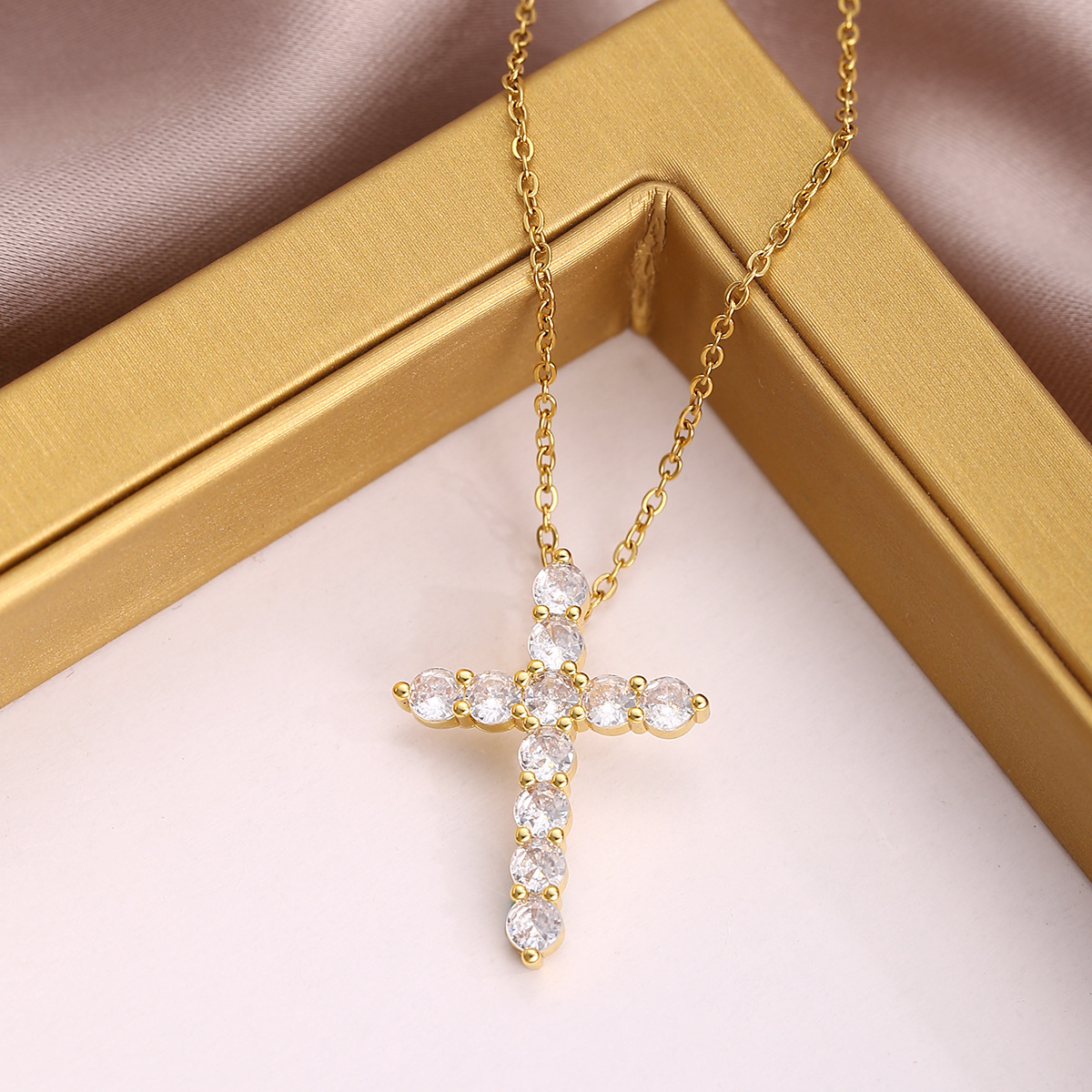 Elegant Gold Plated CZ Round Stone Cross Pendant Necklace for Women